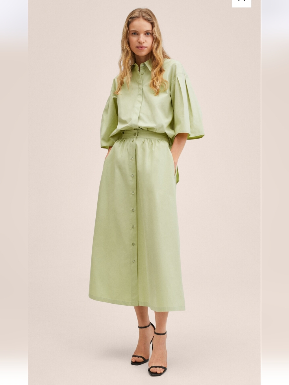 Mango Pastel Green Button-Front Midi Skirt and shirt SET